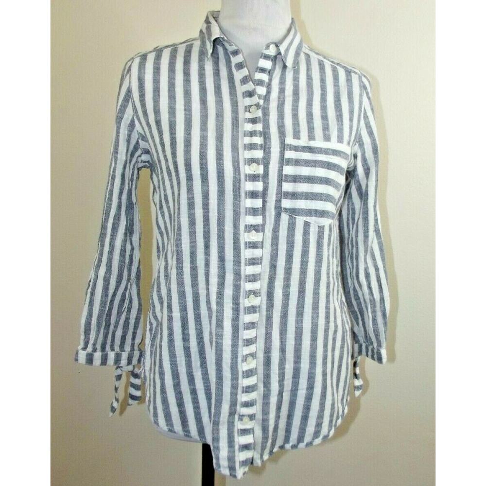ABERCROMBIE & FITCH Womens Button Up SHIRT - Size MEDIUM - Blue White Tie Sleeve